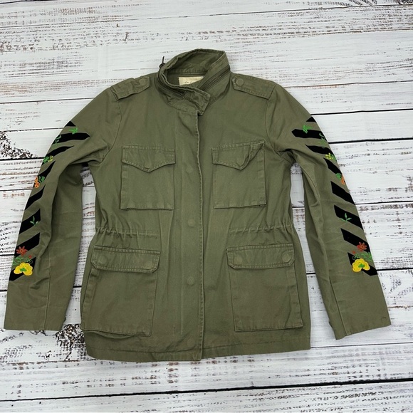 En Creme Size Small Olive Embroidered Utility Cargo Field Jacket - Picture 13 of 16